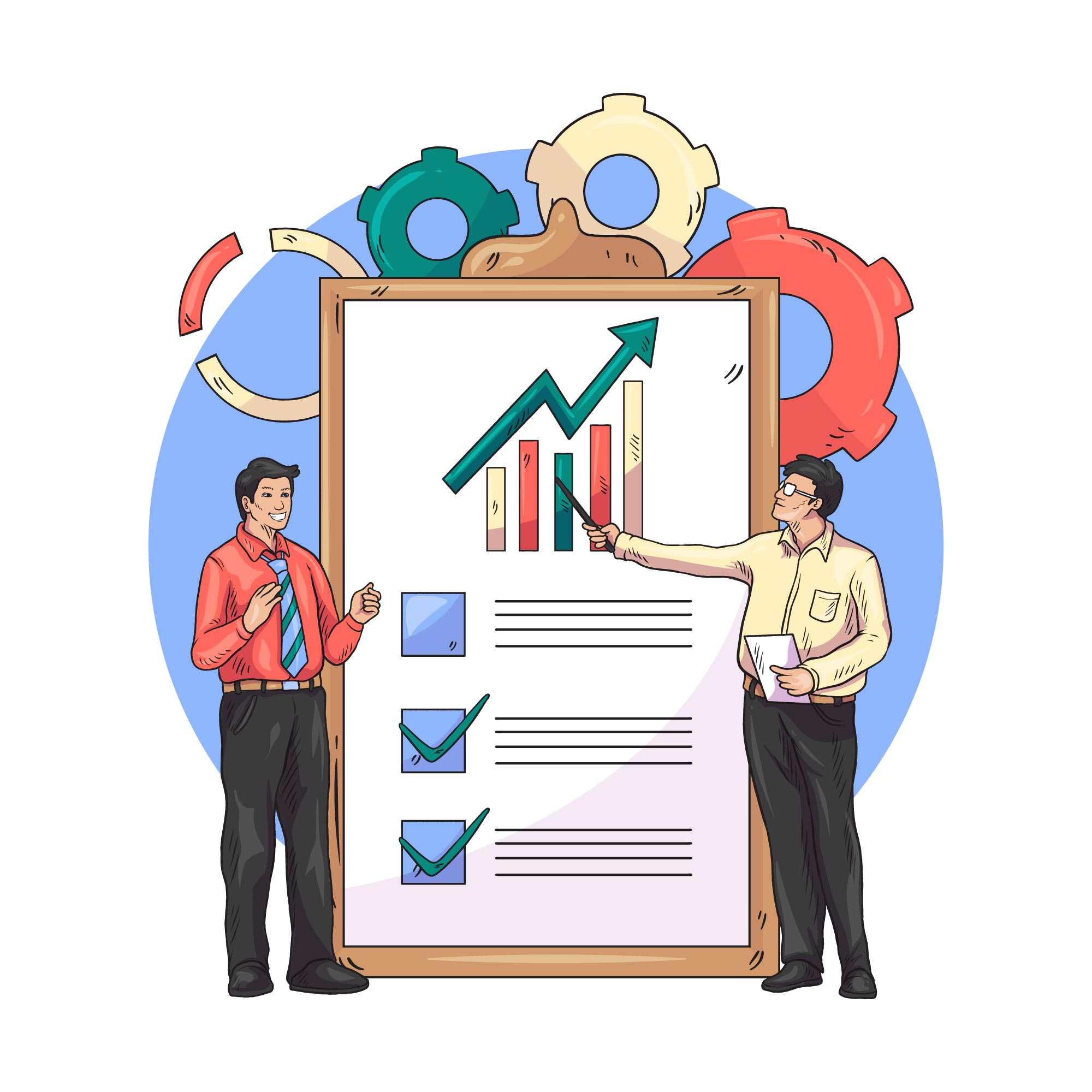 Two businessmen standing in front of a whiteboard that has a graph on it. One of the men is pointing to the graph, and the other man is looking at the graph. The graph shows an upward trend. The whiteboard also has check marks next to three lines of text. The background is a light blue color with gears on top of the whiteboard.