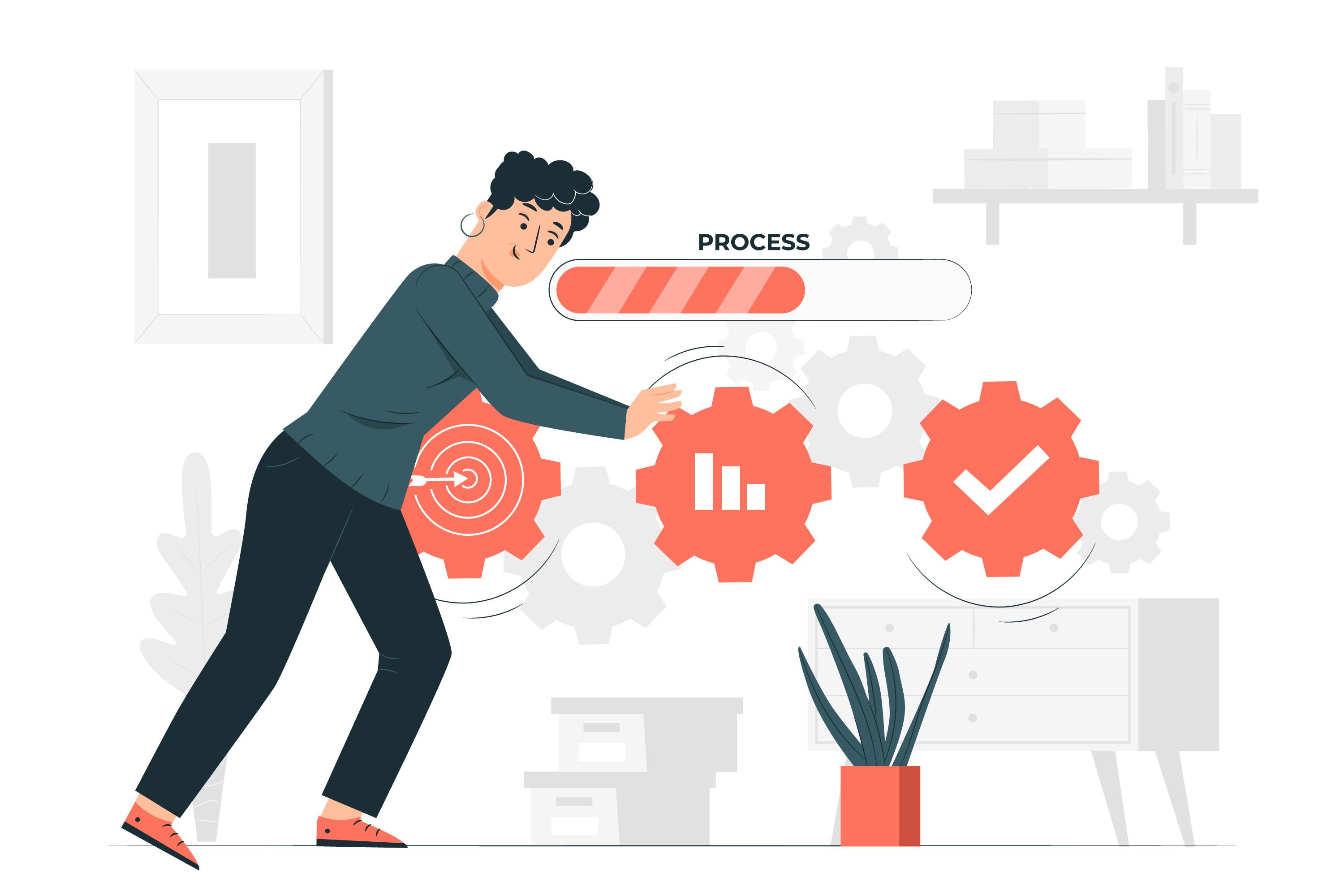 A person with short dark hair is shown standing in front of three gears. The gears are moving and are labeled Target, Data, and Check. The person's hands are on the Data gear. The background includes a window, shelves with books, and a potted plant. The text Process is above the gears with a progress bar underneath it. The progress bar is nearly full. This image is representing the process of innovation.