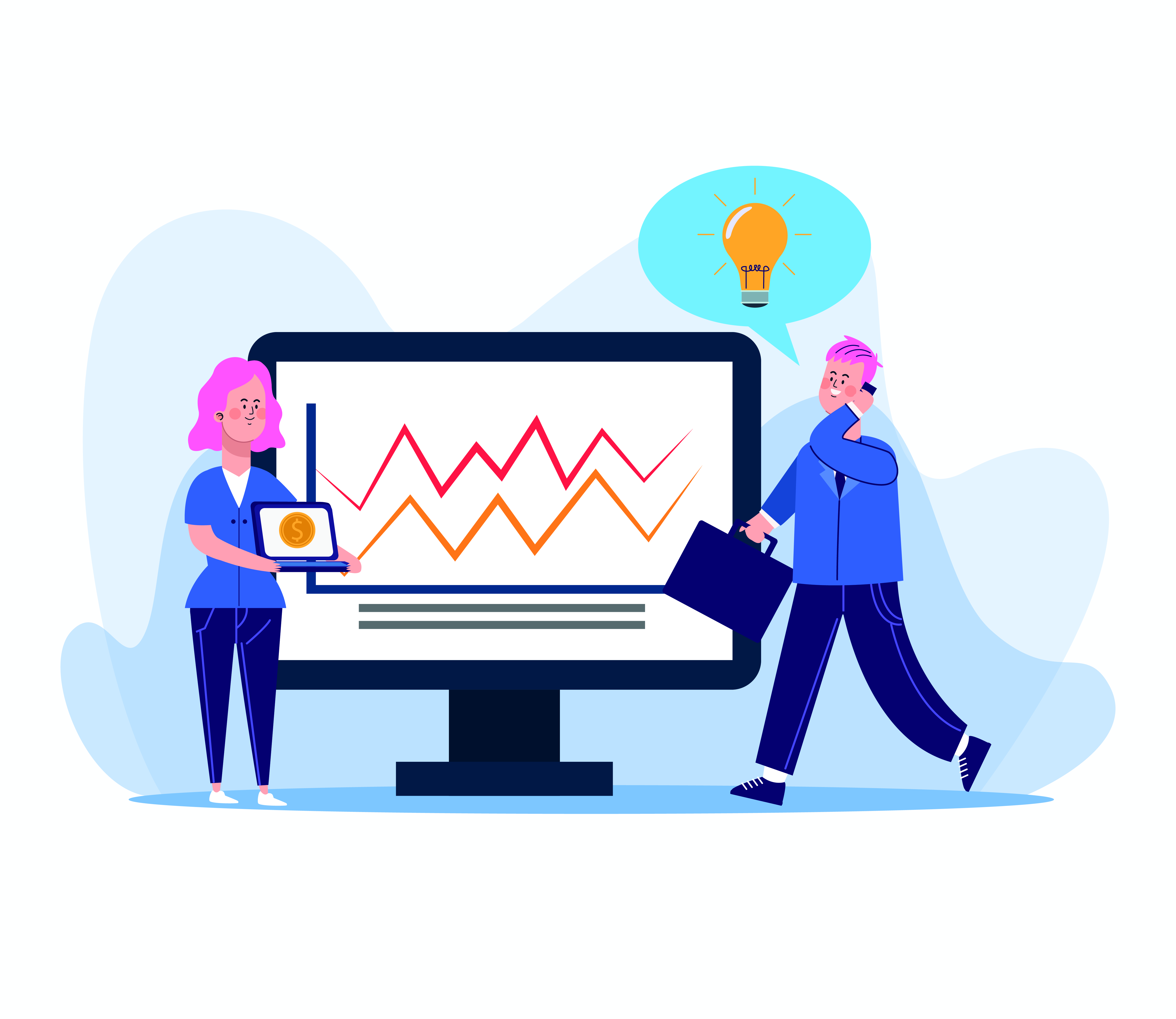 A cartoon image of a woman and a man looking at a computer screen displaying a graph. The man is on the phone and a thought bubble above his head depicts a light bulb. The woman is holding a laptop with a dollar coin on the screen.