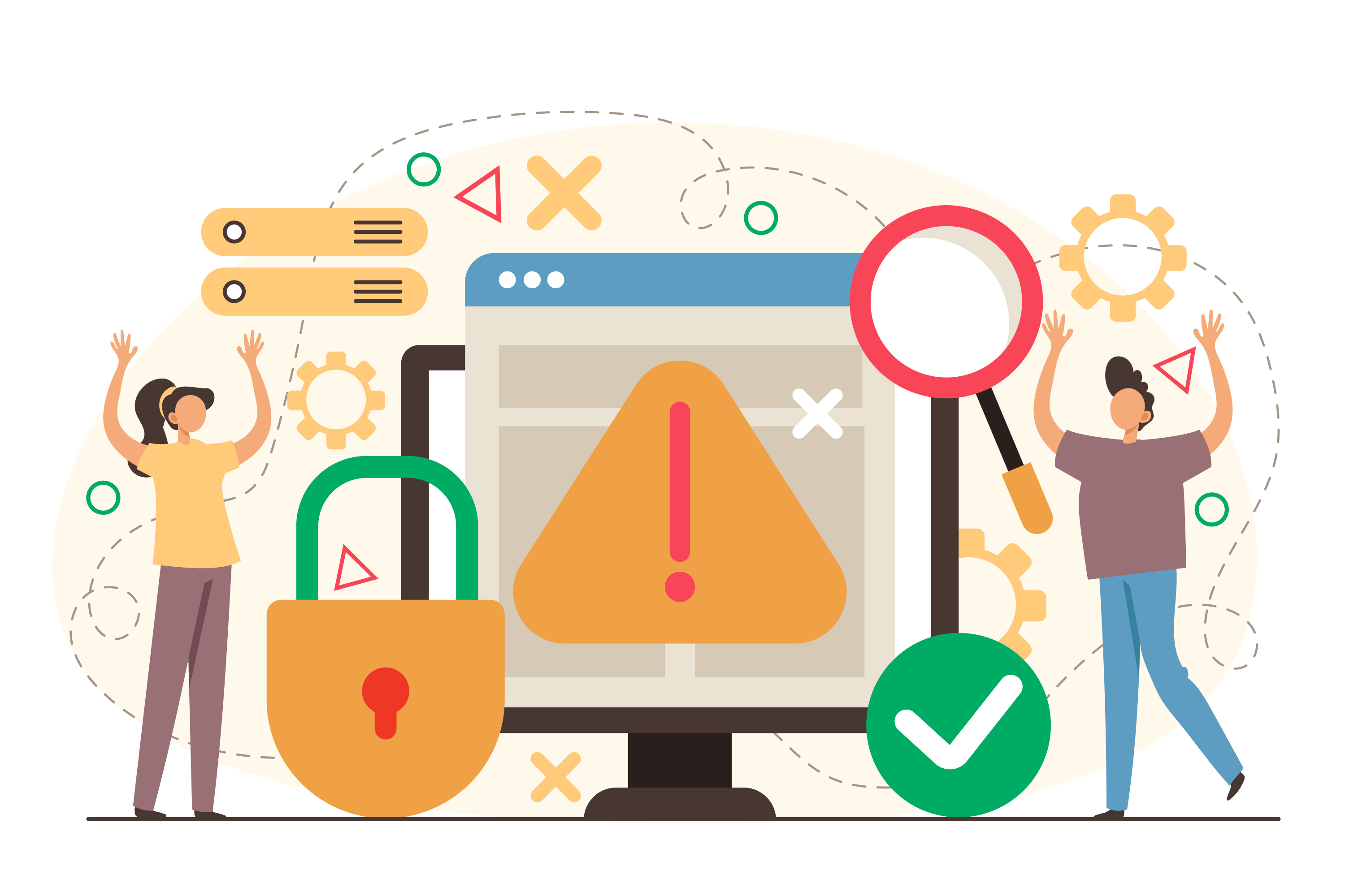 A graphic of two people, one holding a lock, the other holding a magnifying glass, standing in front of a computer with a large exclamation point on the screen. The computer is surrounded by gears and other symbols. The background is a pale cream color. The illustration could be used to represent security breaches or other cybersecurity threats.