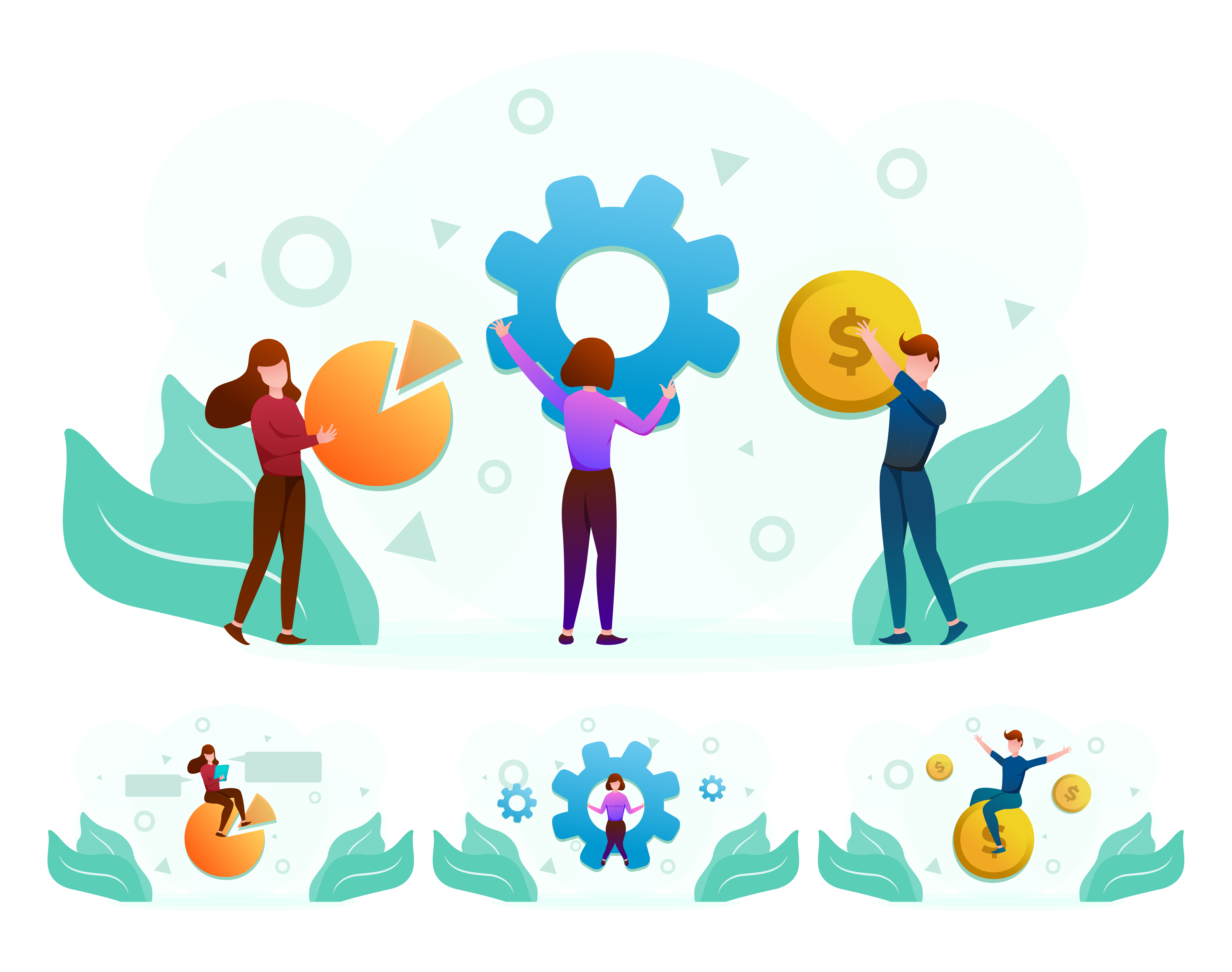 This illustration shows people working together to achieve success. The image is made up of three panels, each showing a different aspect of the process. The first panel shows people working on a pie chart, the second shows people working on a gear, and the third shows people celebrating success. The illustration is bright and colorful, and it features a variety of cute characters. It's a great way to represent the importance of teamwork and collaboration.
