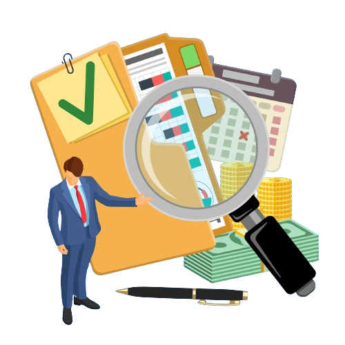  businessman in a suit stands in front of a folder and points with his hand. A magnifying glass is over the folder and reveals a checklist and a graph inside. Stacks of cash and coins are scattered around the bottom of the image. There is a pen on the table as well. The image represents the importance of careful financial planning and analysis.