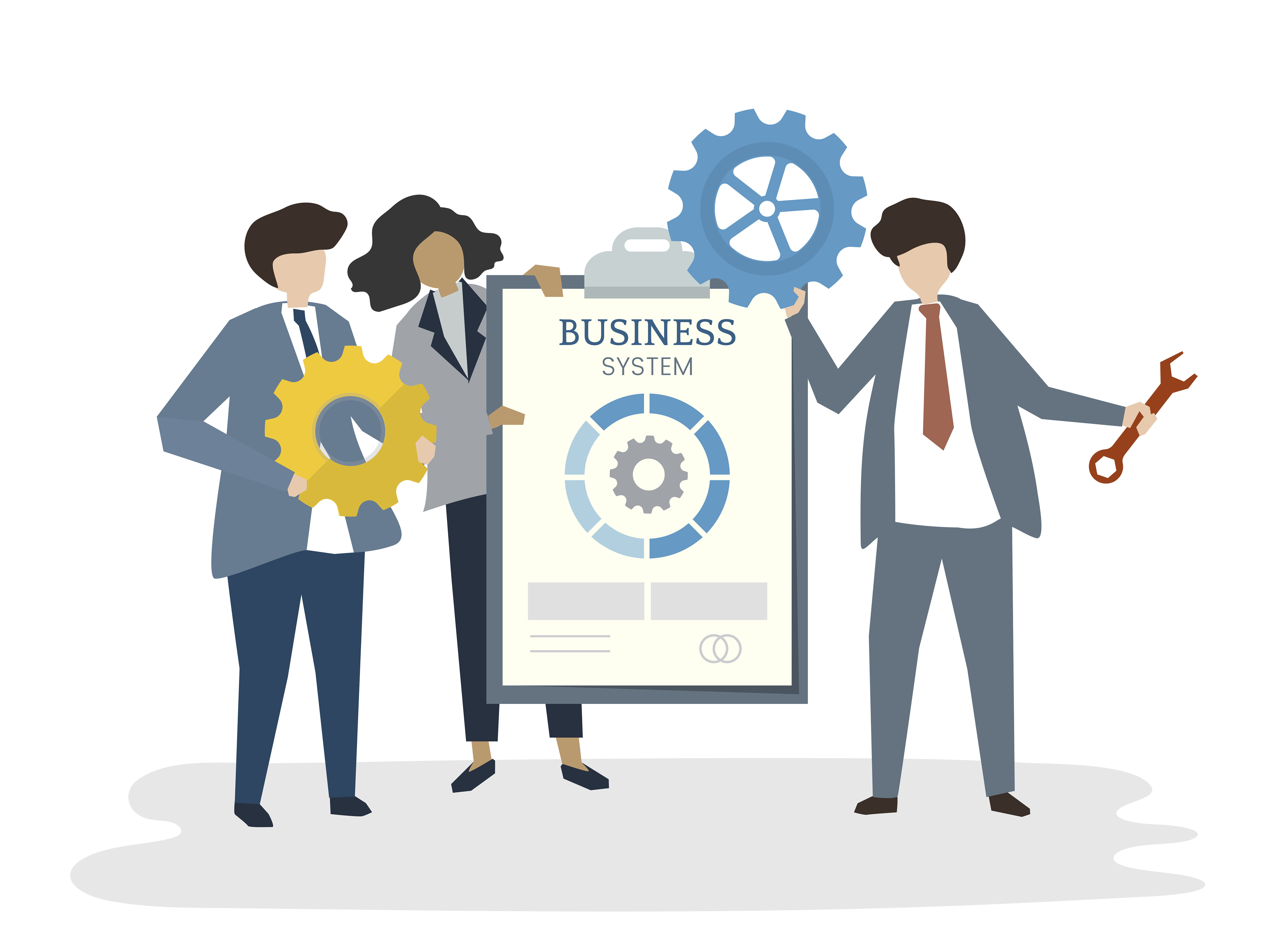 A group of business people stand together with a clipboard that says, Business System on it. They are holding tools, such as a wrench and gears, to symbolize the systems that make up their business.