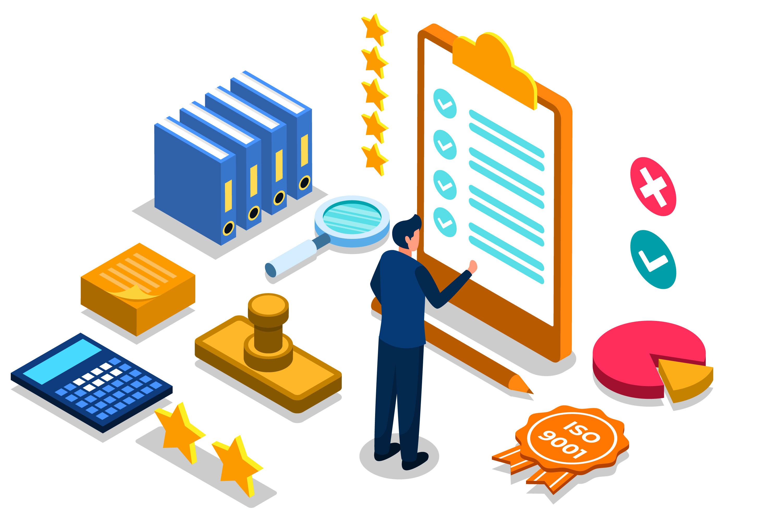 A man checks off items on a clipboard with a checklist, surrounded by symbols representing quality, efficiency, and success.