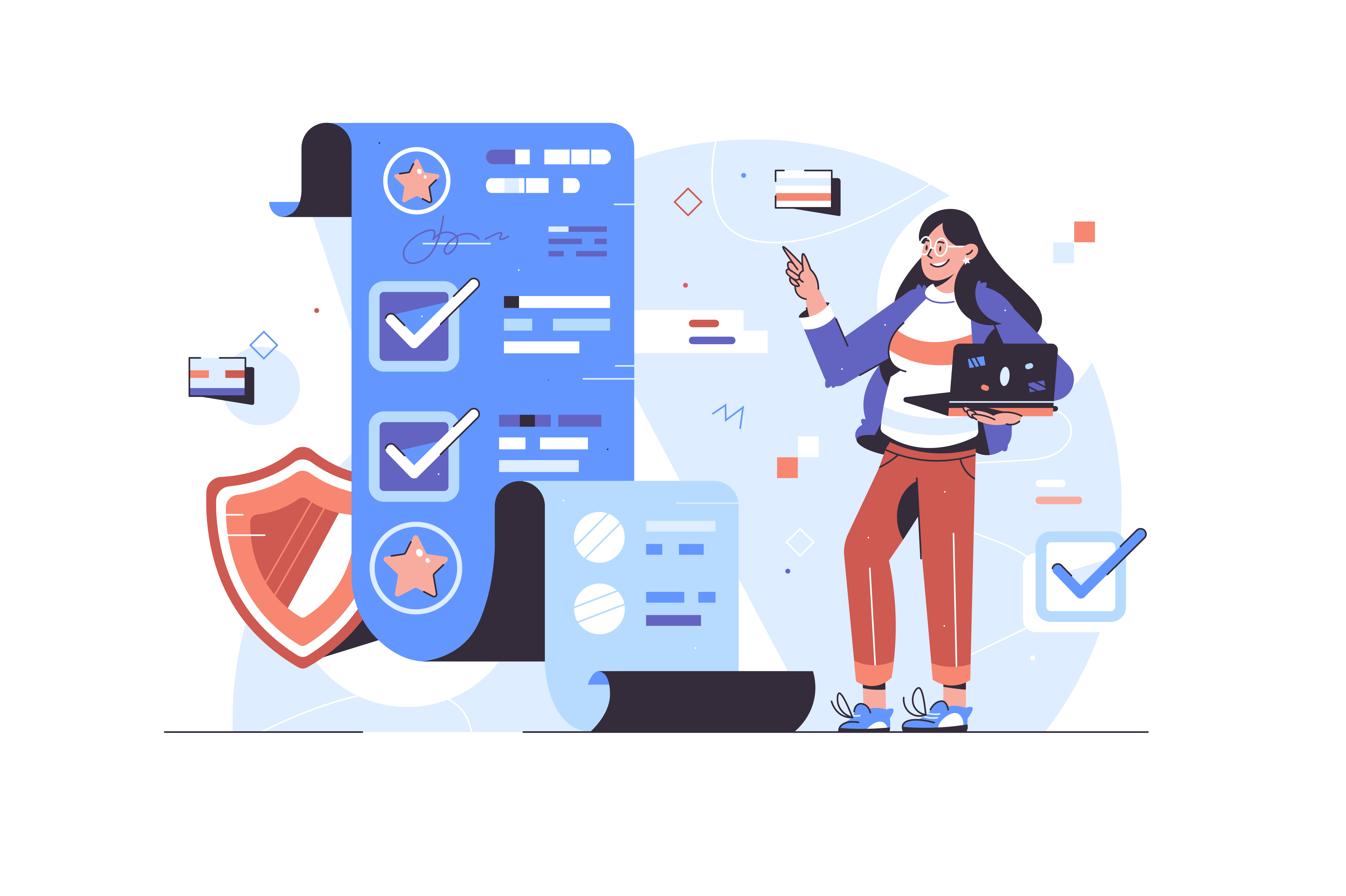 A woman with a laptop standing next to a document with check marks and a star on it. The woman is pointing to the document.