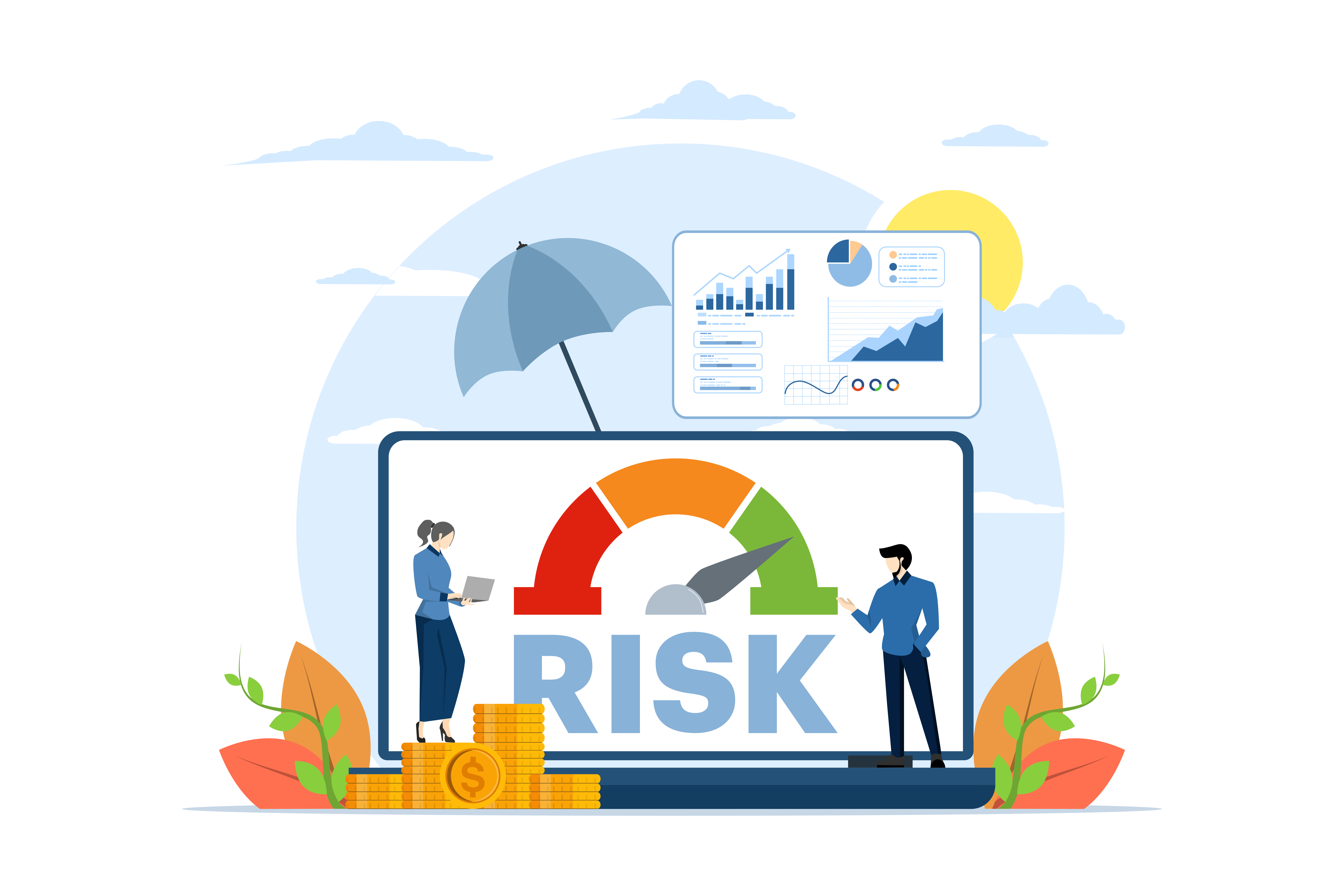 A illustration depicting the concept of risk management in business, with a dial indicating high risk. A man and woman are looking at the dial on a computer screen, and a stack of coins are in the foreground. The image suggests that risk management is important for achieving success.