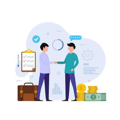 Two men shaking hands in a business deal. One man is holding a briefcase and the other is holding a stack of money. The background is a light blue with abstract shapes and icons related to business.